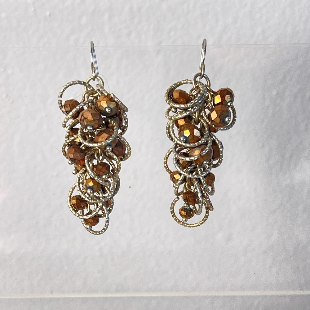Coppery Metallic Beaded Geometric Earrings Neutral Faceted Beads Golden Pierced